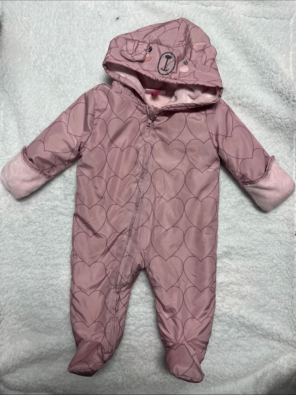 Mauve Fleece Lined Heart Hooded Baby Bunting Suit
